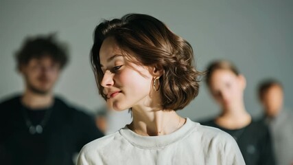 Young woman with short brown hair smiling and posing in studio with blurred group of friends behind her - Powered by Adobe