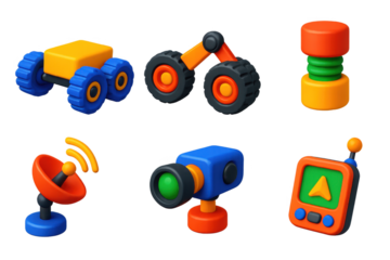 Lunar Tech Innovations. 3D icon set of lunar technology innovations: rover chassis, wheel articulation, dust-proof joint, signal