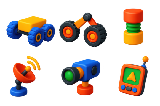 Lunar Tech Innovations. 3D icon set of lunar technology innovations: rover chassis, wheel articulation, dust-proof joint, signal