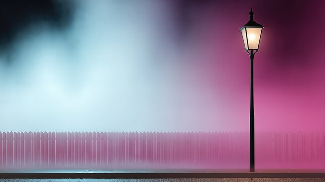 Nighttime Scene on Suburban Street Featuring Flickering Streetlight and Colorful Fog