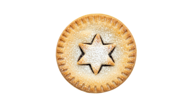 Traditional mince pie with star top and sugar dusting on isolated background