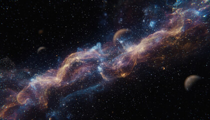 Colorful nebulae swirl in deep space, surrounded by countless stars and distant celestial bodies. The scene captures the vastness and mystery of the universe, showcasing vibrant cosmic colors