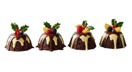 Chocolate christmas puddings with fruit toppings and holly decorations