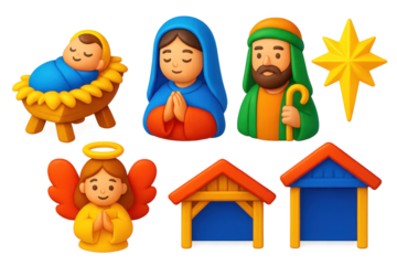 Nativity Icon Set. 3D icon set of nativity scene elements: baby in manger, Mary, Joseph, angel, stable, Bethlehem star. A set of