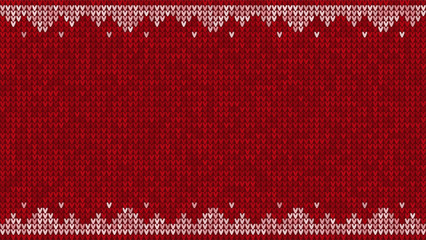 Red knitted Christmas background with white winter pattern. Traditional scandinavian seamless textile design for holiday season. Vector illustration with copy space.