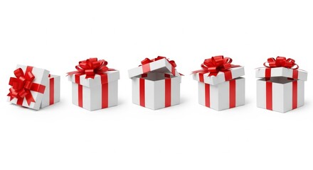 Series of five white and red holiday gift boxes with ribbons and bows