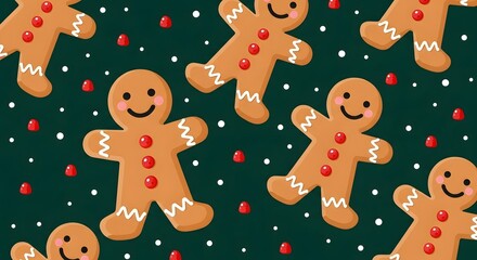 Christmas gingerbread men cookies pattern with red candies on green background.