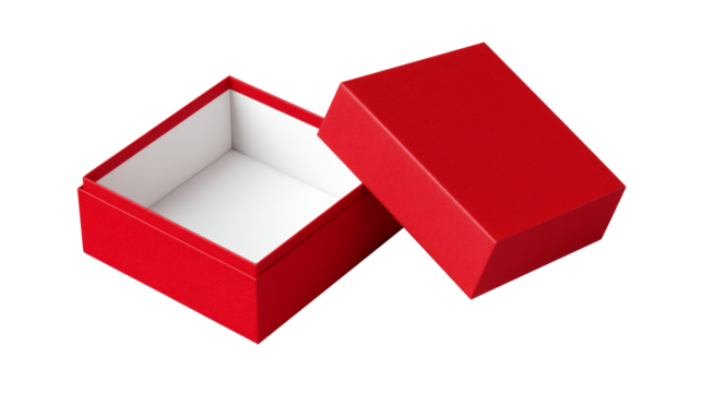 Red open gift box with detached lid on white background