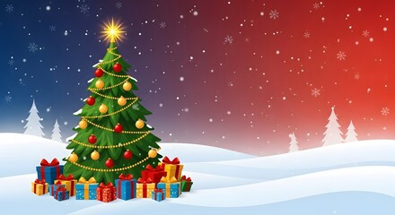 Brightly decorated christmas tree and gifts in a snowy winter landscape