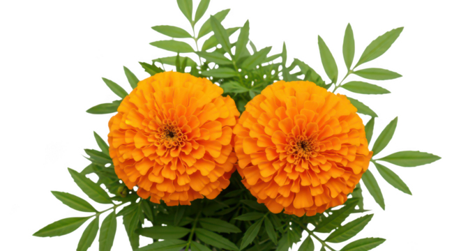 Two Vibrant Orange Marigold Flowers With Green Leaves On Black
