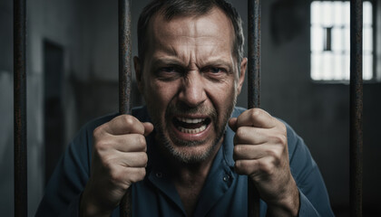 A man in a prison cell exhibits intense emotions, gripping iron bars with both hands. His face shows anger and frustration, illuminated by dim light. The atmosphere is tense and emotional