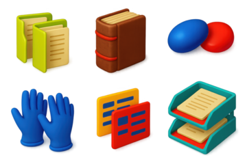 Historical Document Icons. 3D icon set of historical document storage: acid-free folders, bound manuscripts, paperweights,