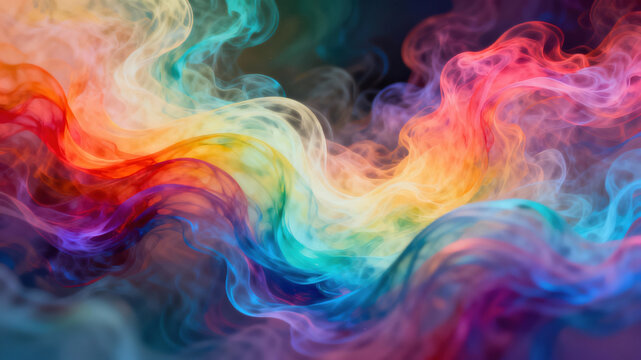 Bright swirls of smoke in various colors blend together, creating a dynamic and lively abstract design. This captivating artwork showcases fluid movement and vibrant hues