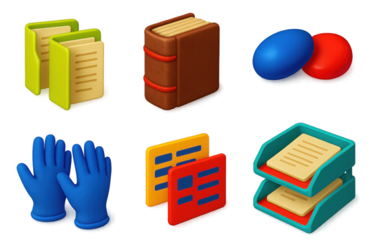 Historical Document Icons. 3D icon set of historical document storage: acid-free folders, bound manuscripts, paperweights,