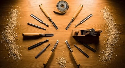 Woodworking tools arranged on wooden surface with shavings around  