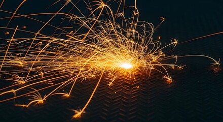 Sparks flying from metal during welding on dark surface  