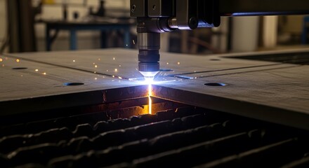 Laser cutting metal sheet with sparks in industrial workshop  
