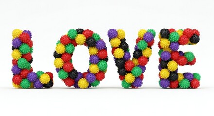 The image features the word 'LOVE' constructed from colorful, spiky rubber balls. The letters are prominently displayed against a white background.