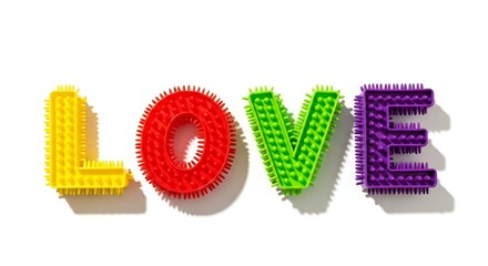 The image features the word 'LOVE' spelled out in colorful, textured letters. Each letter is uniquely shaped and brightly colored, set against a stark white background.