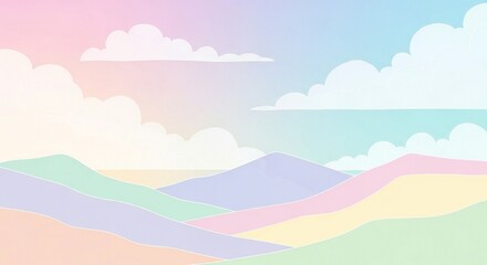 A serene landscape featuring rolling hills in pastel colors under a soft, cloudy sky. The scene conveys a tranquil and dreamy atmosphere.