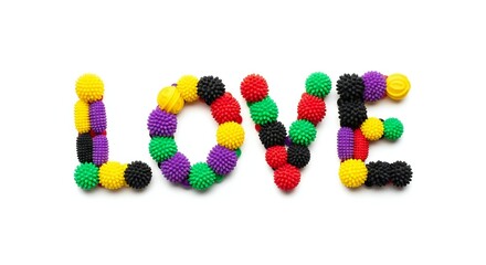 The image features the word 'LOVE' creatively constructed from colorful, textured plastic balls arranged on a white background.