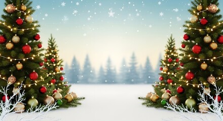 Sparkling christmas trees in a serene snowy winter scene with falling snowflakes.