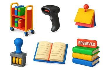 Set of icons for a library, including a book, a book cart, a bookcase