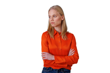 Young blonde woman with arms crossed expressing contemplation and pensive thinking on transparent background