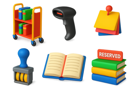 Set of icons for a library, including a book, a book cart, a bookcase