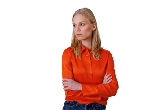 Young blonde woman with arms crossed expressing contemplation and pensive thinking on transparent background - Powered by Adobe