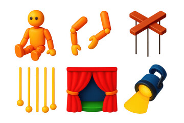 Set of cartoon figures and props, including a puppet, a light, and a curtain