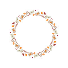 Flat round garland frame with pine and berry ornament as a border circle. Wreath with kraft box and red gift, modern graphic for new years theme, holiday decor background.