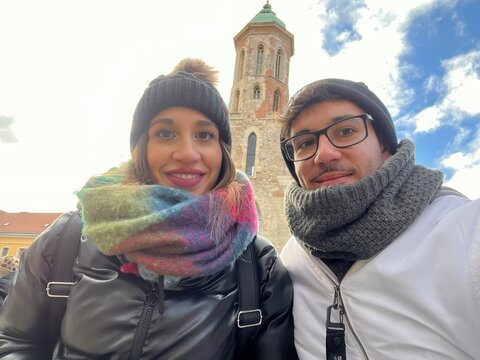 Happy couple enjoying winter holiday in budapest