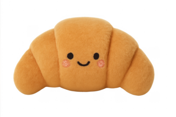 Cute smiling croissant plush toy character on transparent background