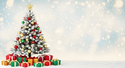 Decorated christmas tree with gifts and snowy bokeh background for celebrations