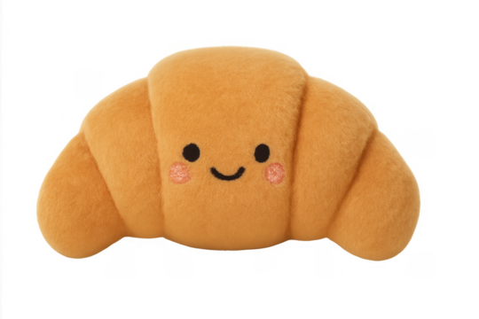 Cute smiling croissant plush toy character on transparent background