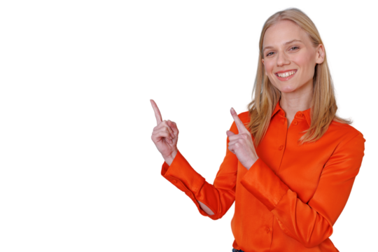 Smiling woman presenting information, pointing with both index fingers to copy space, making a clear recommendation, transparent background