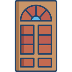 A Detailed Icon of a Wooden Door with Glass Panes and a Semicircular Fanlight Above Detailed Flat Illustration of a Traditional Door with Brown Wood Frame and Multiple Rectangular Panes Featuring a