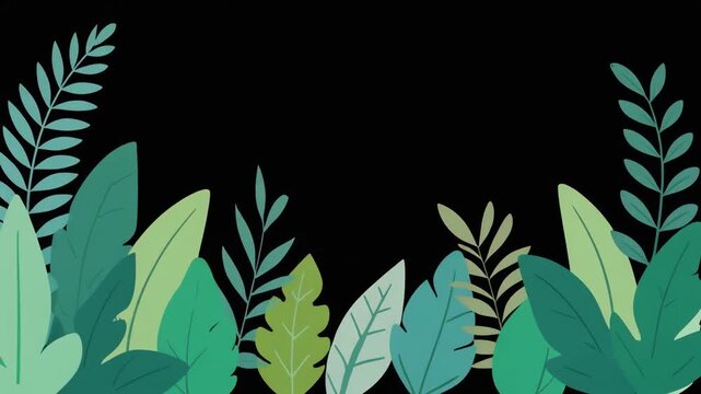 A 2D cartoon animation of green leaves and plants growing. This looping, flat-style frame has a black background for nature or eco concepts.