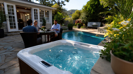 People enjoy a charming outdoor dining experience by a serene poolside, capturing the essence of leisure and social interaction in a picturesque setting.