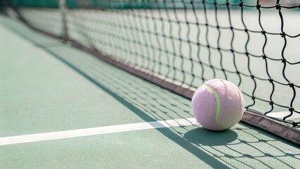 Pink tennis ball resting by the net on a green court.