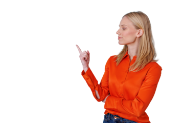 Blonde woman in orange shirt pointing upwards, indicating presentation, direction, or an idea, with a transparent background