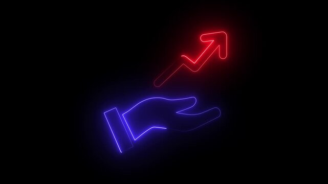 A neon light effect animation of a hand icon holding an upward arrow Glowing Neon Blue Hand Holding Upward Trend Graph Icon Isolated on hand icon carrying an up arrow icon Black Background