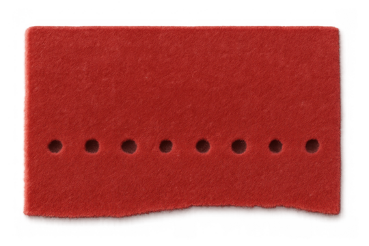 Red ripped paper label with perforated holes, a vintage tag or ticket stub design on transparent background