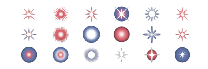 Red, Blue, and White Starburst Pattern Set – Abstract Circular Icons for Patriotic, Geometric, and Graphic Design