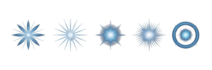 Blue Glowing Starburst and Snowflake Icon Set – Radiant Winter Elements for Abstract and Magical Design