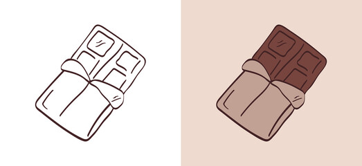 Hand-drawn chocolate bar vector illustration with open wrapper. Includes both black line art and colored versions on a pastel background, perfect for sweet food, snack, and confectionery designs.