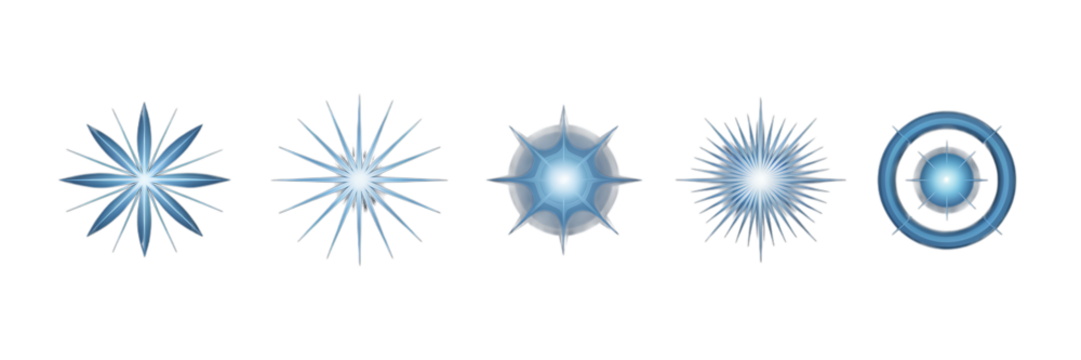 Blue Glowing Starburst and Snowflake Icon Set – Radiant Winter Elements for Abstract and Magical Design