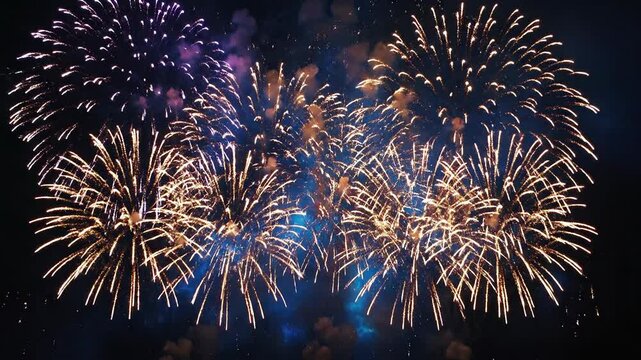 spet&aacute;culo de fogos de artif&iacute;cio brilhantes e coloridos iluminando o c&eacute;u sobre um fundo roxo escuro, criando uma atmosfera festiva e vibrante