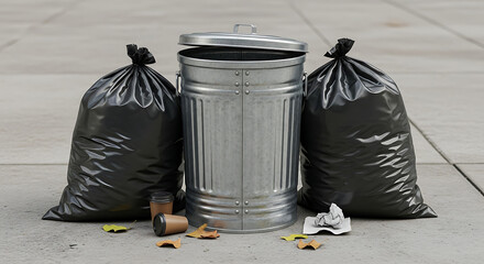 Trash bin surrounded by black garbage bags on sidewalk  
